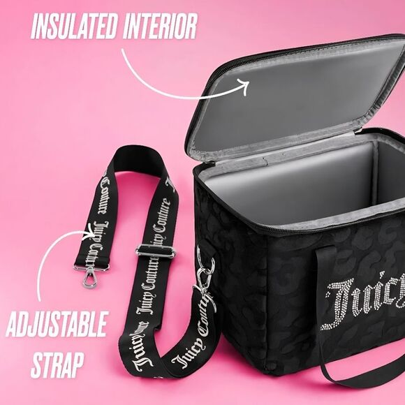 Juicy Couture Rhinestone Logo Embossed Leopord Velour Insulated Lunch Tote Bag - Picture 4 of 15